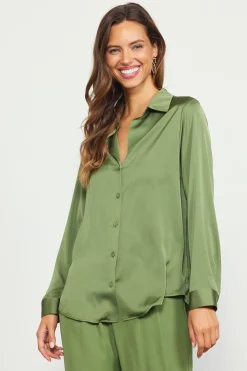 SKIES ARE BLUE Blouses|Long Sleeve Tops*Recycled Button Down Top Olive