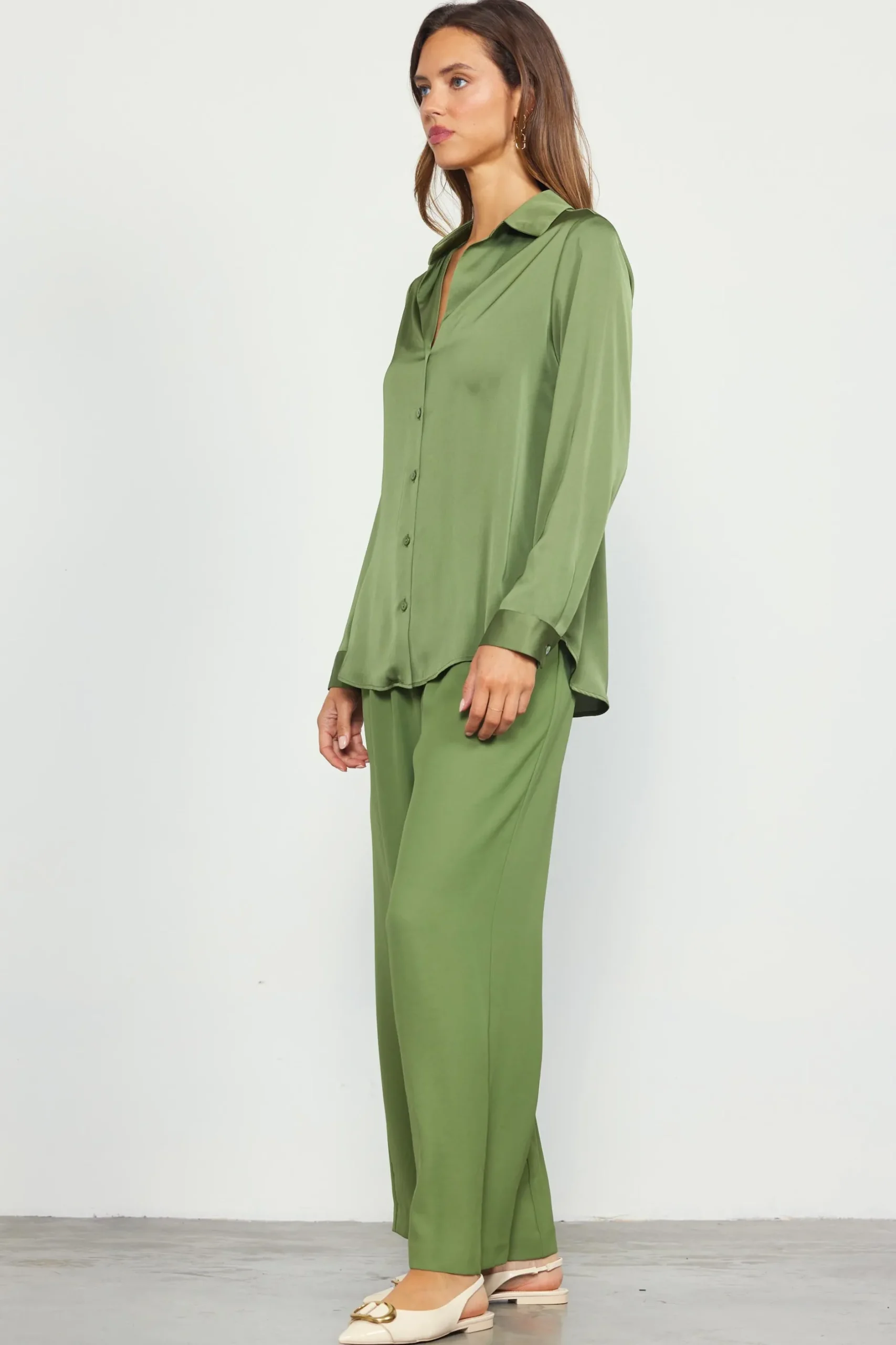 SKIES ARE BLUE Blouses|Long Sleeve Tops*Recycled Button Down Top Olive