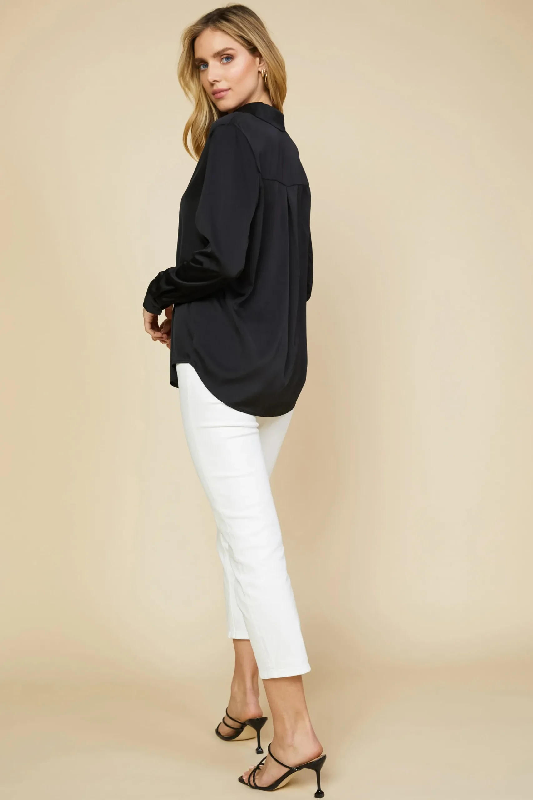 SKIES ARE BLUE Blouses*Recycled Button Down Top Black