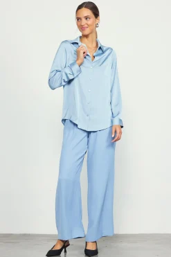 SKIES ARE BLUE Blouses|Long Sleeve Tops*Recycled Button Down Top Dustyblue