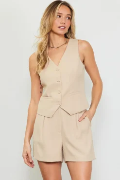 SKIES ARE BLUE Sleeveless Tops*Recycled Button Down Vest Latte