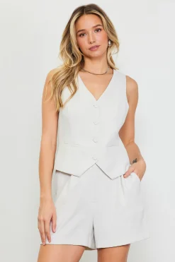 SKIES ARE BLUE Sleeveless Tops*Recycled Button Down Vest Oyster