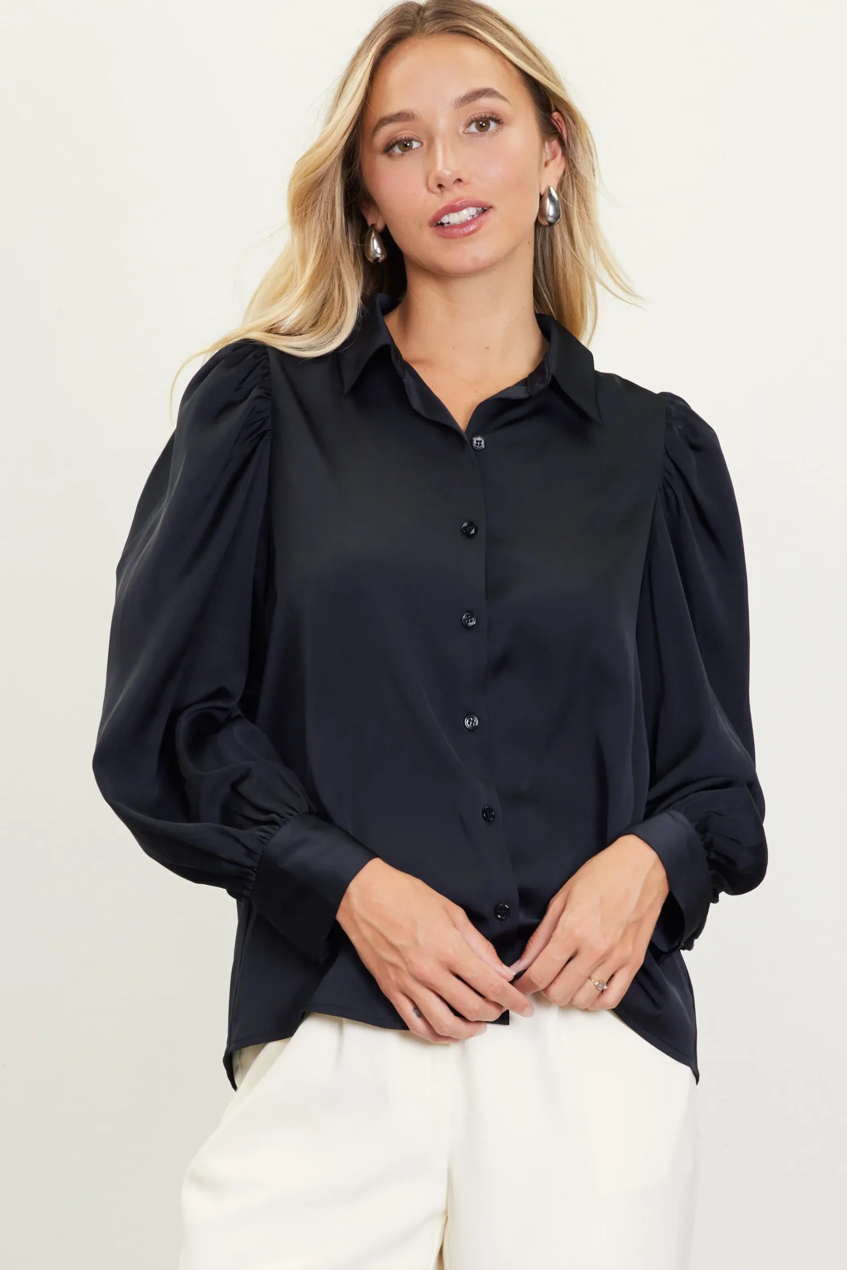 SKIES ARE BLUE Blouses|Long Sleeve Tops*Recycled Button-Up Blouse Black