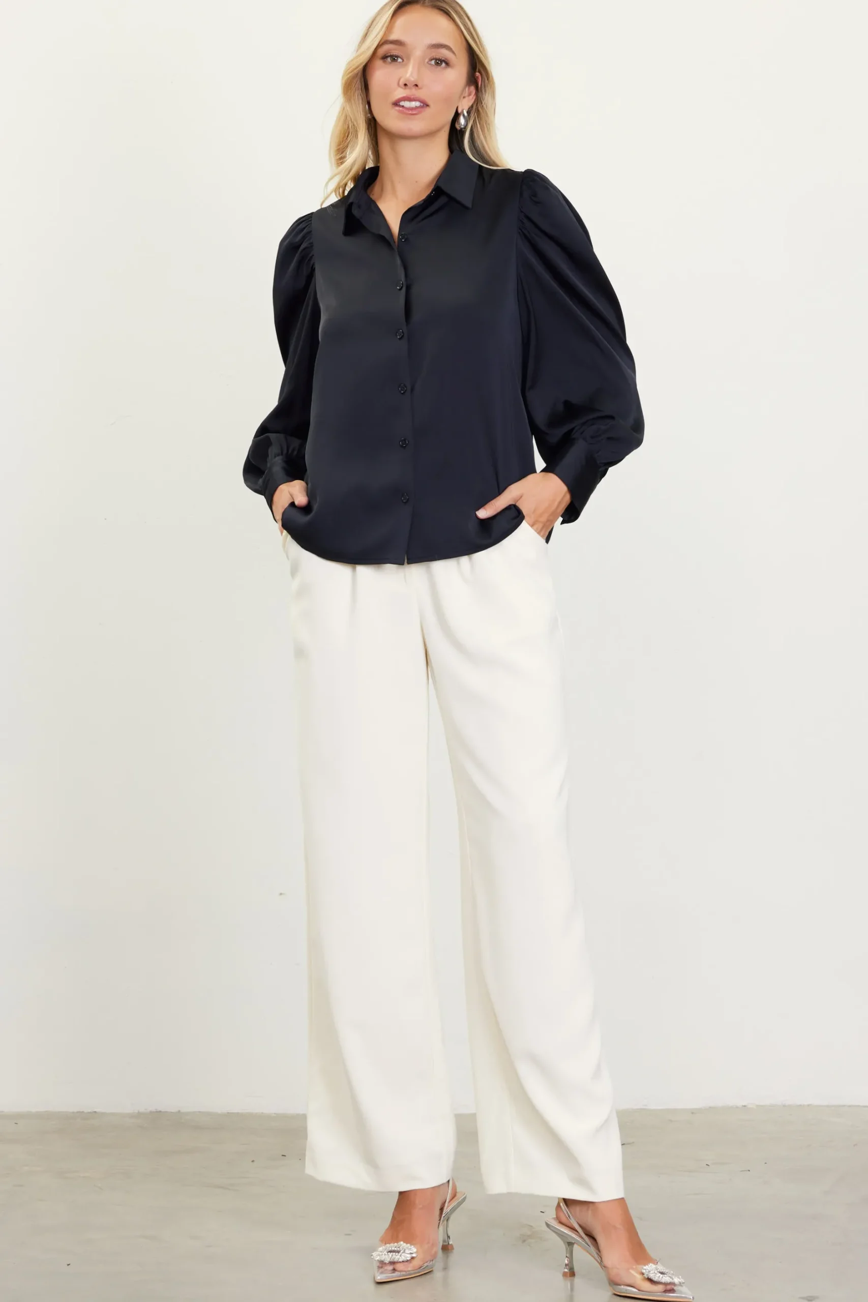 SKIES ARE BLUE Blouses|Long Sleeve Tops*Recycled Button-Up Blouse Black