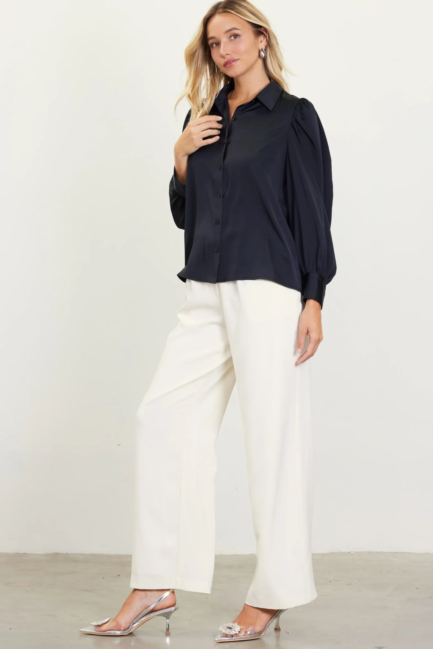 SKIES ARE BLUE Blouses|Long Sleeve Tops*Recycled Button-Up Blouse Black