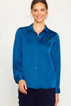 SKIES ARE BLUE Blouses|Long Sleeve Tops*Recycled Classic Button Down Top Darkteal