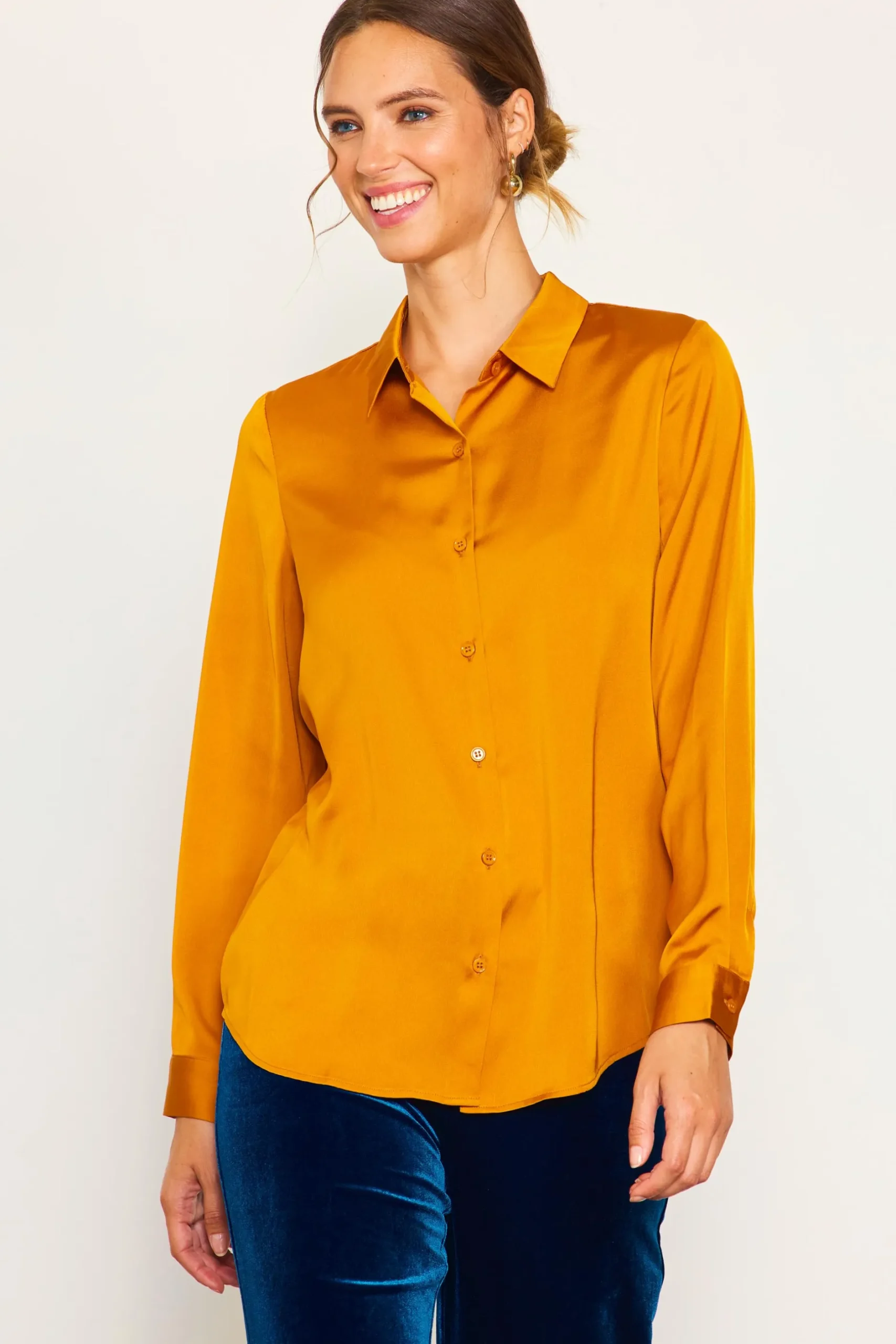 SKIES ARE BLUE Long Sleeve Tops*Recycled Classic Button Down Top Mustard