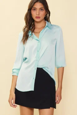 SKIES ARE BLUE Blouses*Recycled Classic Button Down Top Iceblue
