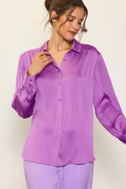 SKIES ARE BLUE Long Sleeve Tops*Recycled Crinkle Satin Buttondown Mindfulmauve