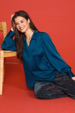 SKIES ARE BLUE Long Sleeve Tops*Recycled Crinkle Satin Buttondown Teal