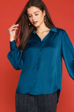 SKIES ARE BLUE Long Sleeve Tops*Recycled Crinkle Satin Buttondown Teal