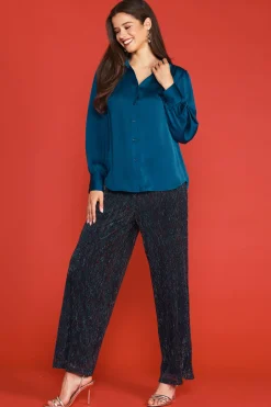SKIES ARE BLUE Long Sleeve Tops*Recycled Crinkle Satin Buttondown Teal