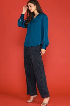 SKIES ARE BLUE Long Sleeve Tops*Recycled Crinkle Satin Buttondown Teal