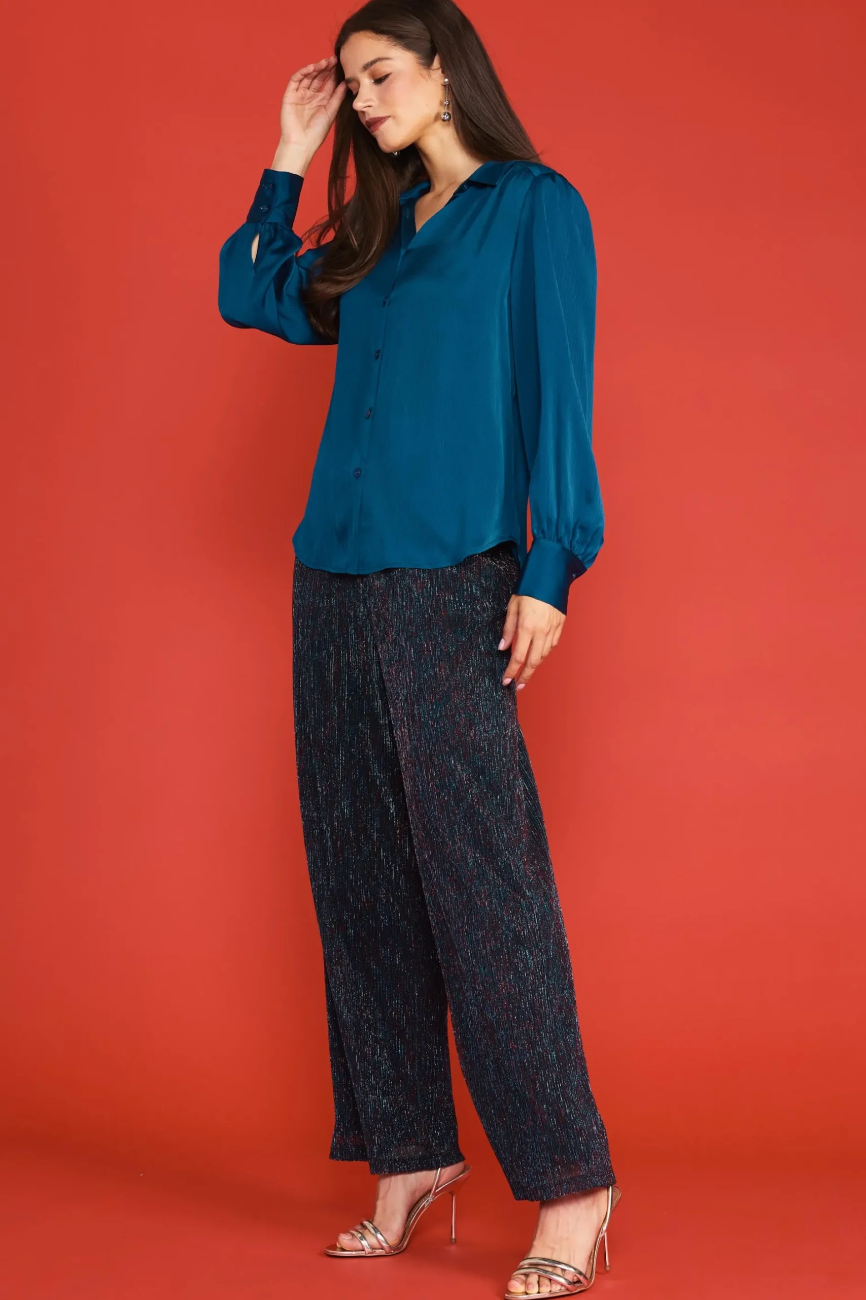 SKIES ARE BLUE Long Sleeve Tops*Recycled Crinkle Satin Buttondown Teal