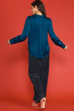 SKIES ARE BLUE Long Sleeve Tops*Recycled Crinkle Satin Buttondown Teal