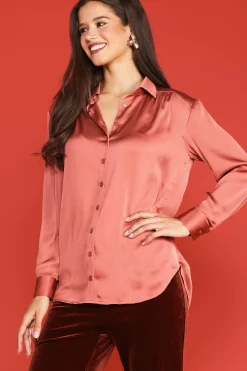 SKIES ARE BLUE Long Sleeve Tops*Recycled Crinkle Satin Buttondown Terracotta