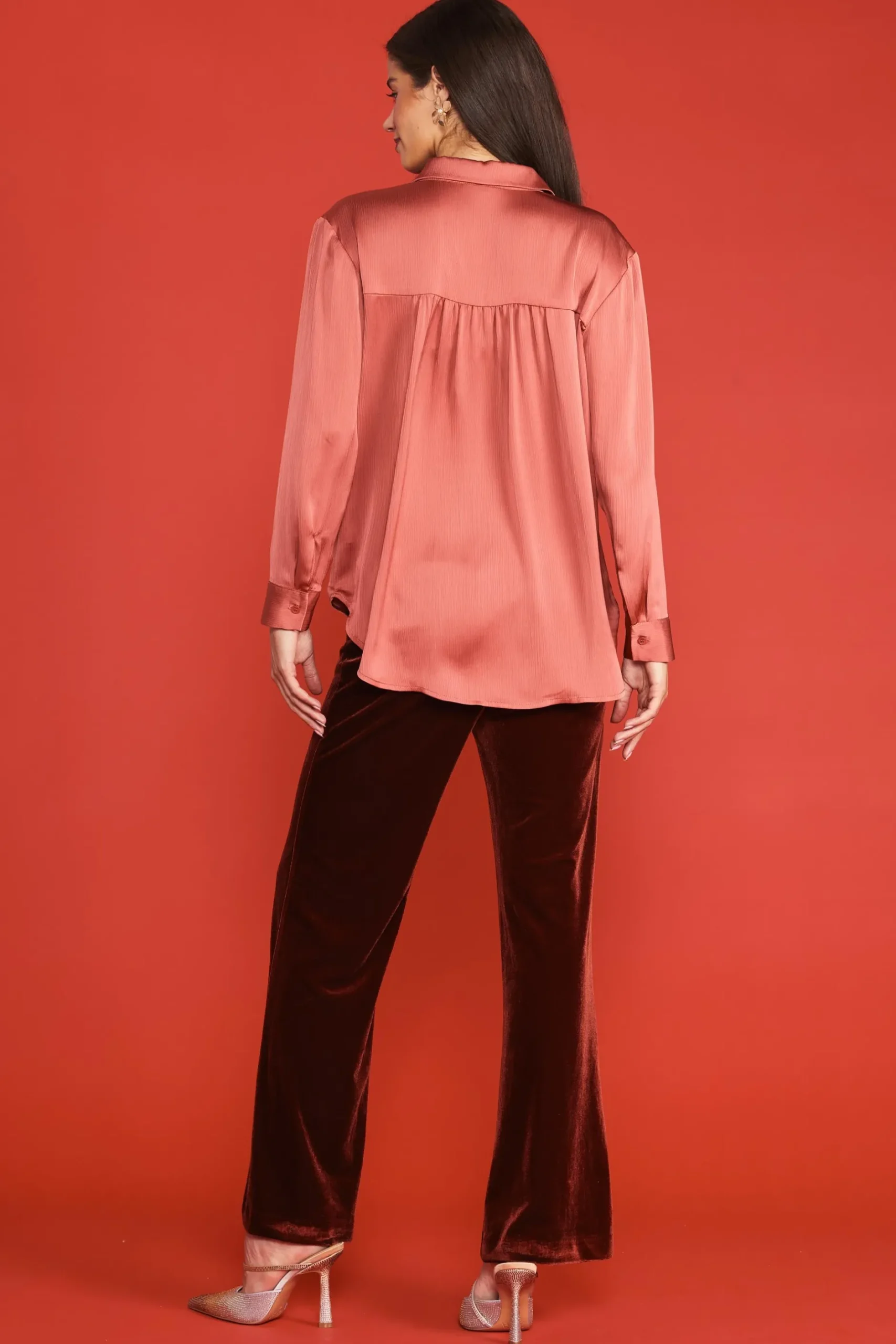 SKIES ARE BLUE Long Sleeve Tops*Recycled Crinkle Satin Buttondown Terracotta