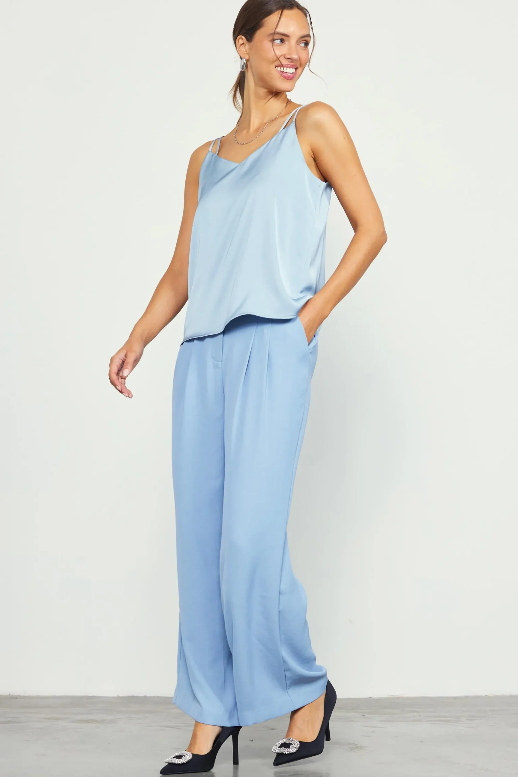 SKIES ARE BLUE Sleeveless Tops*Recycled Double Strap Cami Dustyblue
