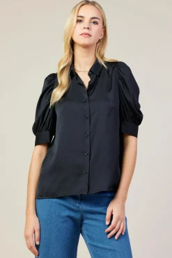 SKIES ARE BLUE Blouses|Short Sleeve Tops*Recycled Shirred Sleeve Blouse Black