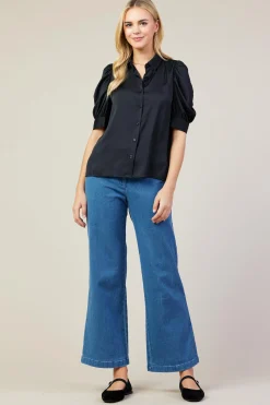 SKIES ARE BLUE Blouses|Short Sleeve Tops*Recycled Shirred Sleeve Blouse Black
