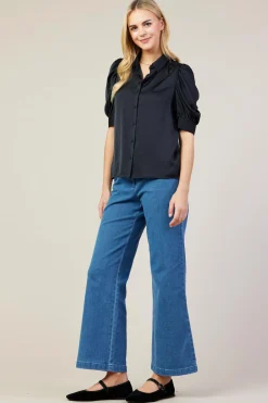 SKIES ARE BLUE Blouses|Short Sleeve Tops*Recycled Shirred Sleeve Blouse Black