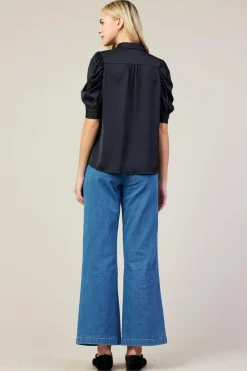 SKIES ARE BLUE Blouses|Short Sleeve Tops*Recycled Shirred Sleeve Blouse Black