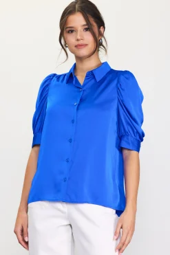 SKIES ARE BLUE Blouses|Short Sleeve Tops*Recycled Shirred Sleeve Blouse Neonblue