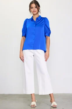 SKIES ARE BLUE Blouses|Short Sleeve Tops*Recycled Shirred Sleeve Blouse Neonblue