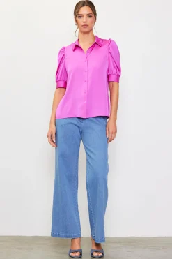 SKIES ARE BLUE Blouses|Short Sleeve Tops*Recycled Shirred Sleeve Blouse Roseviolet