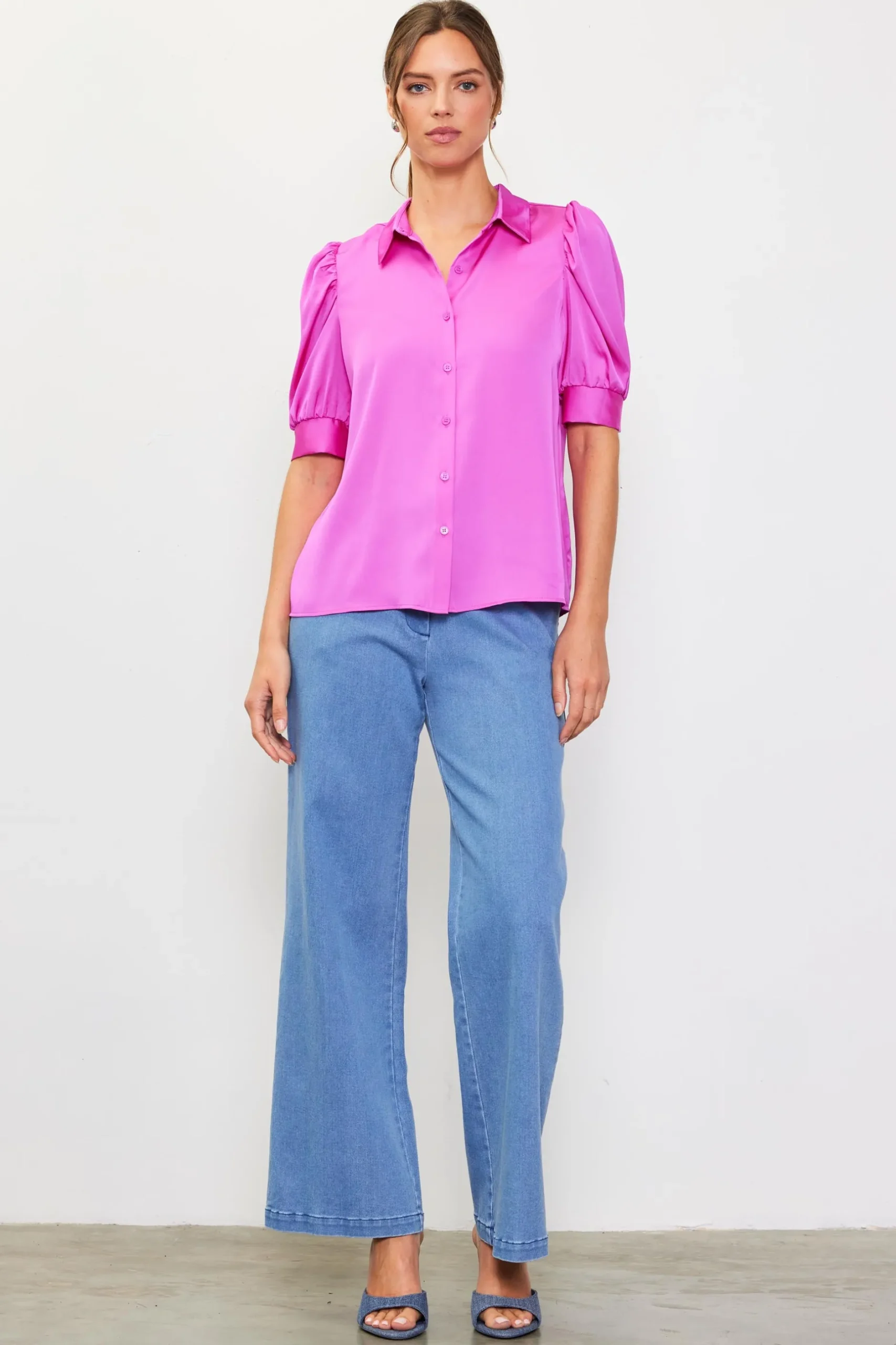 SKIES ARE BLUE Blouses|Short Sleeve Tops*Recycled Shirred Sleeve Blouse Roseviolet