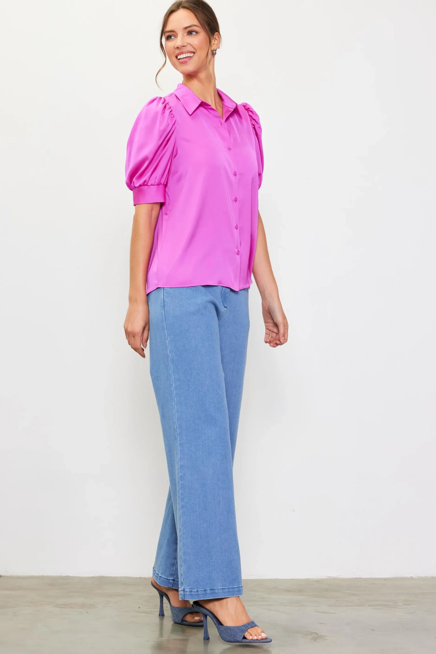 SKIES ARE BLUE Blouses|Short Sleeve Tops*Recycled Shirred Sleeve Blouse Roseviolet