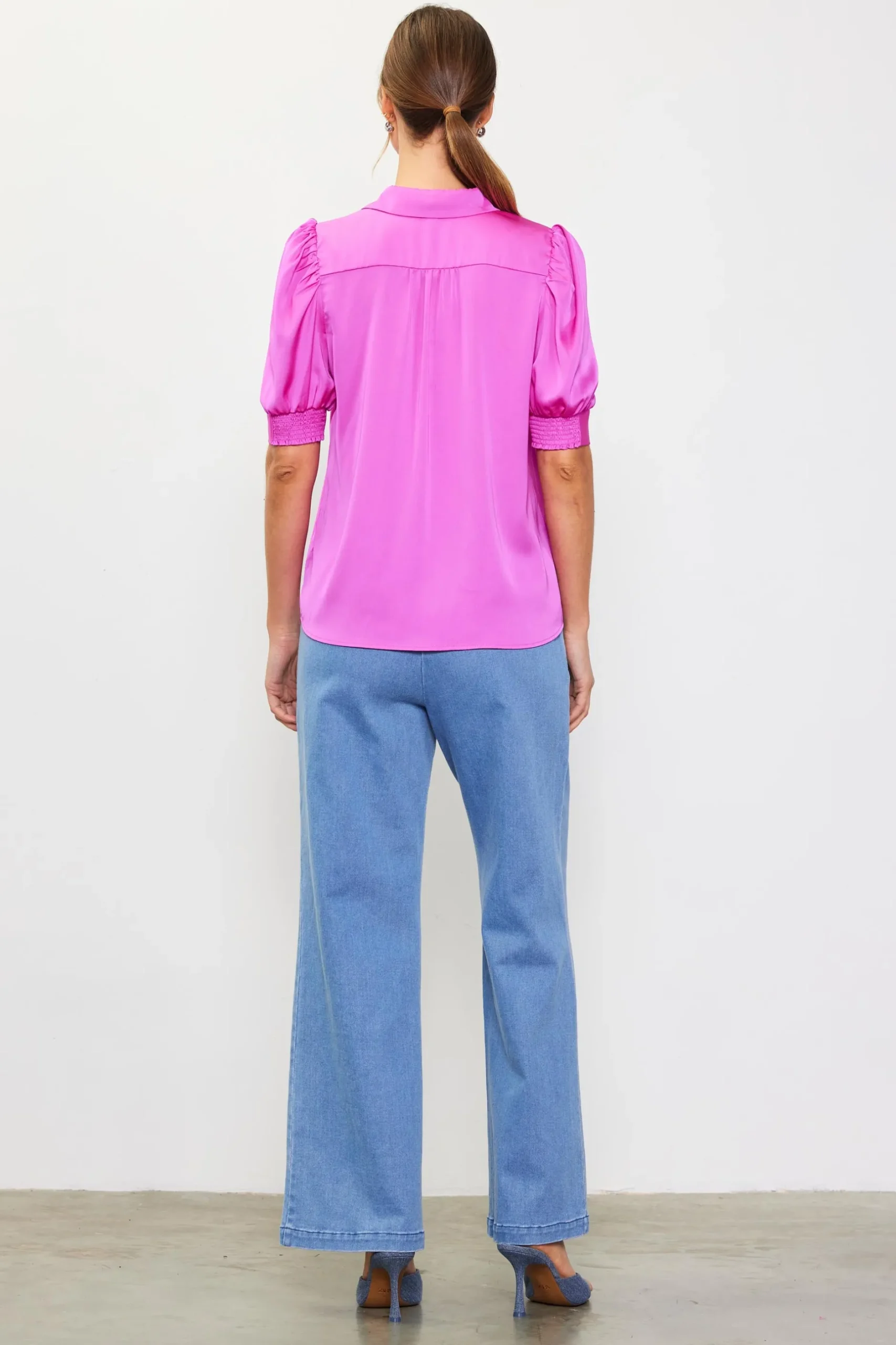 SKIES ARE BLUE Blouses|Short Sleeve Tops*Recycled Shirred Sleeve Blouse Roseviolet