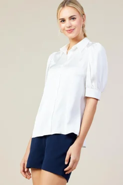 SKIES ARE BLUE Blouses|Short Sleeve Tops*Recycled Shirred Sleeve Blouse White