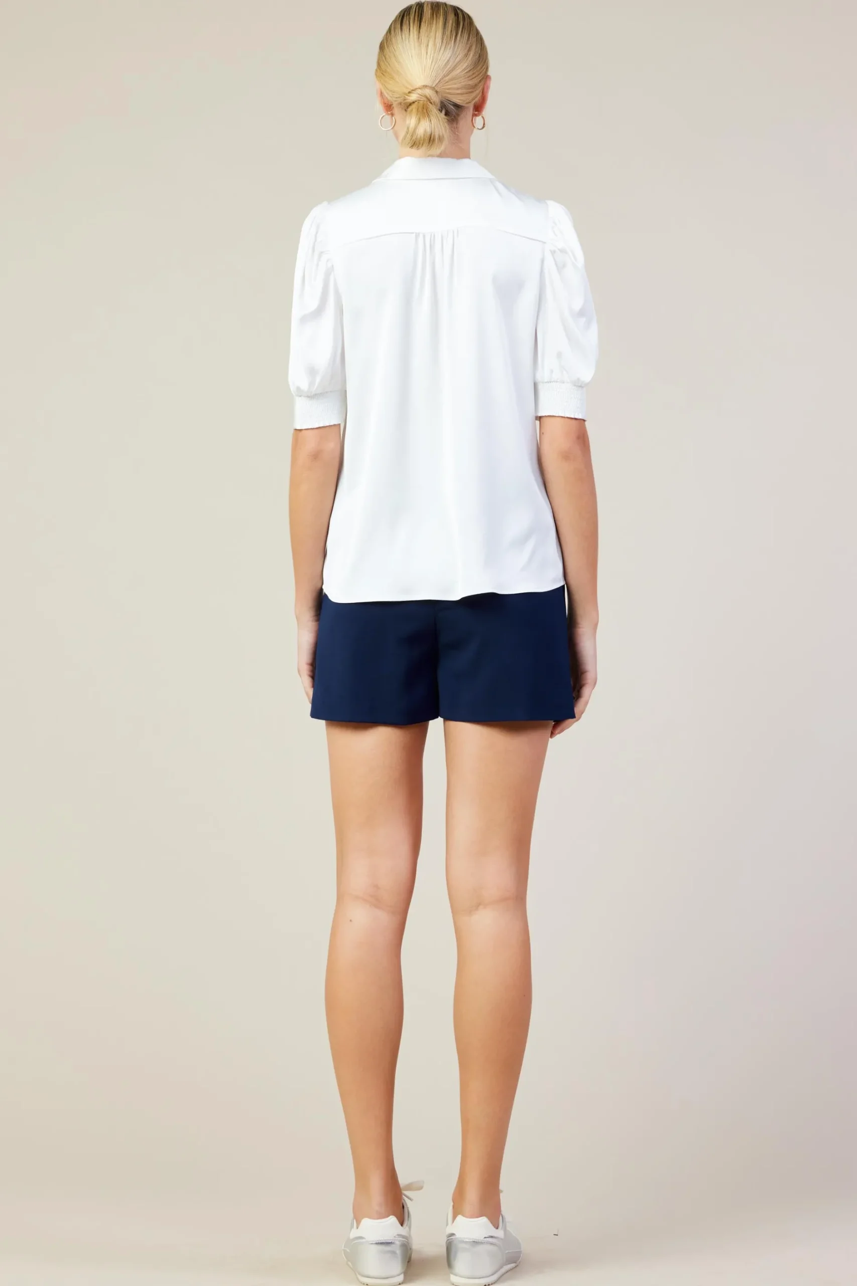 SKIES ARE BLUE Blouses|Short Sleeve Tops*Recycled Shirred Sleeve Blouse White