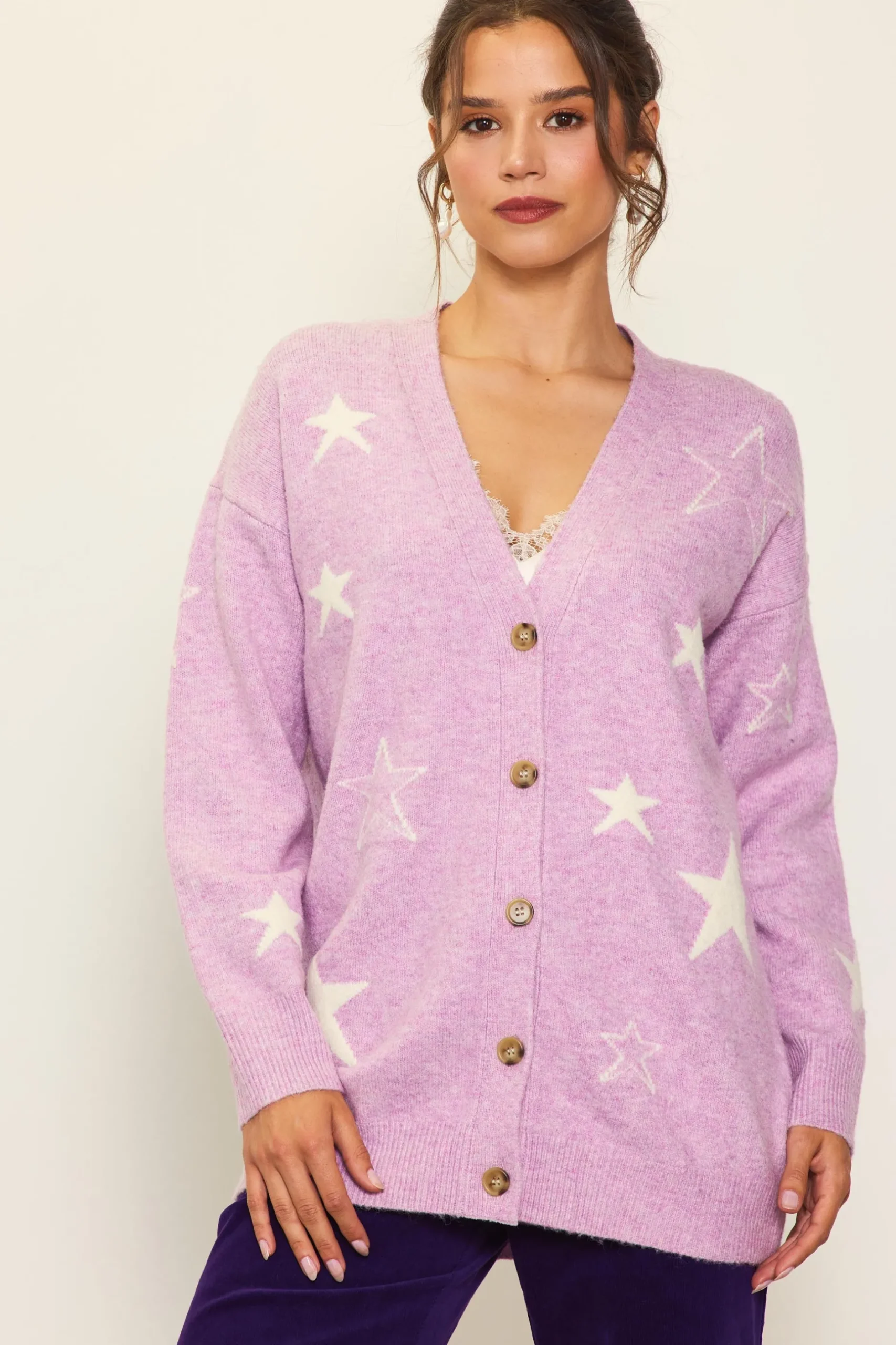 SKIES ARE BLUE Outerwear|Sweaters*Recycled Star Motif Sweater Cardigan Mauve