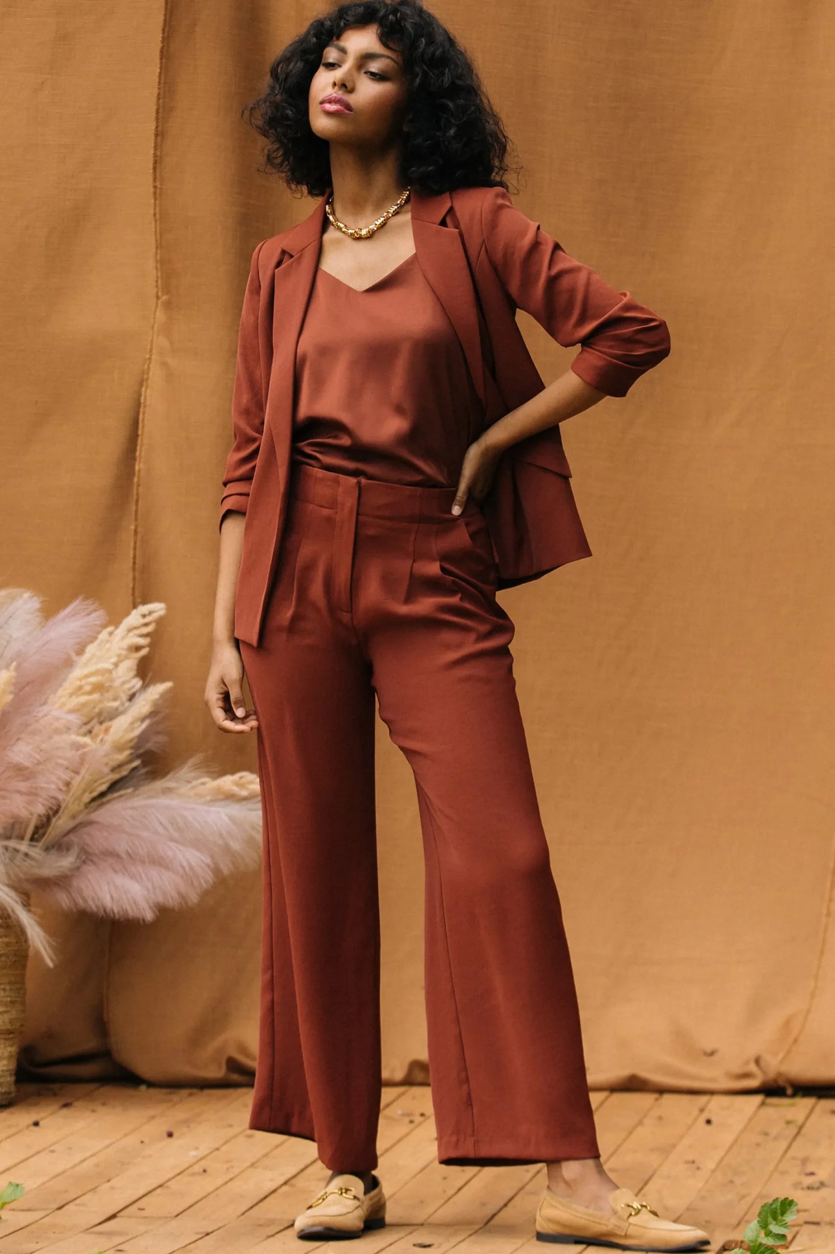 SKIES ARE BLUE Pants*Recycled Wide Leg Pants Chocolate