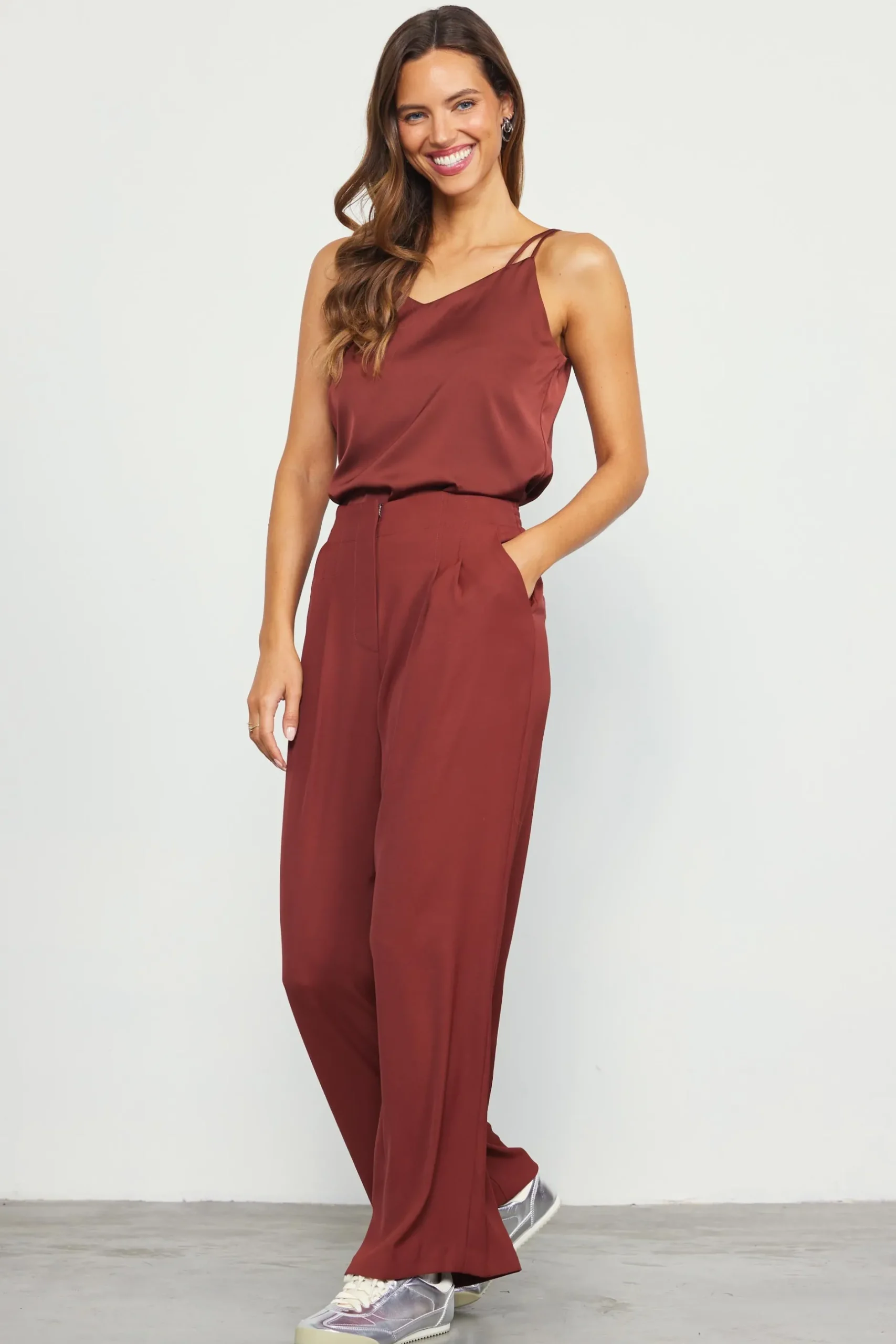 SKIES ARE BLUE Pants*Recycled Wide Leg Pants Chocolate
