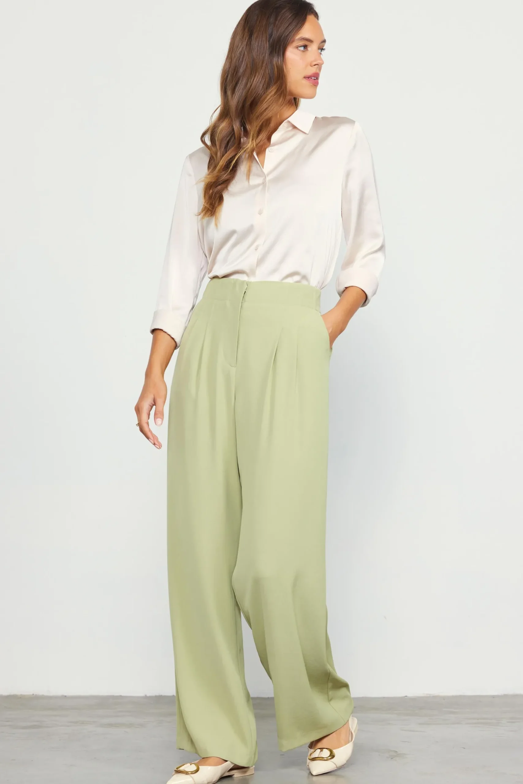 SKIES ARE BLUE Pants*Recycled Wide Leg Pants Sage
