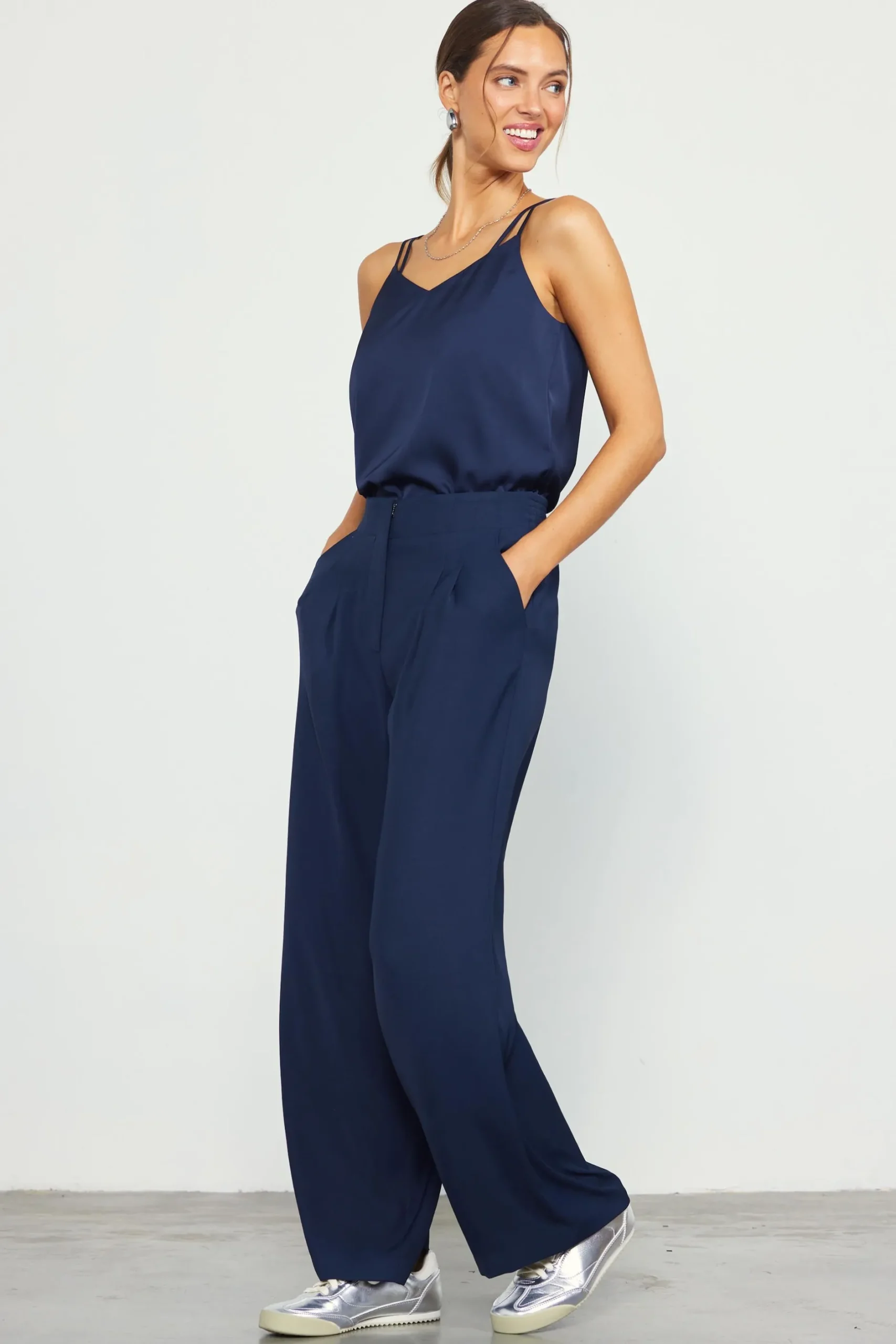 SKIES ARE BLUE Pants*Recycled Wide Leg Pants Navy
