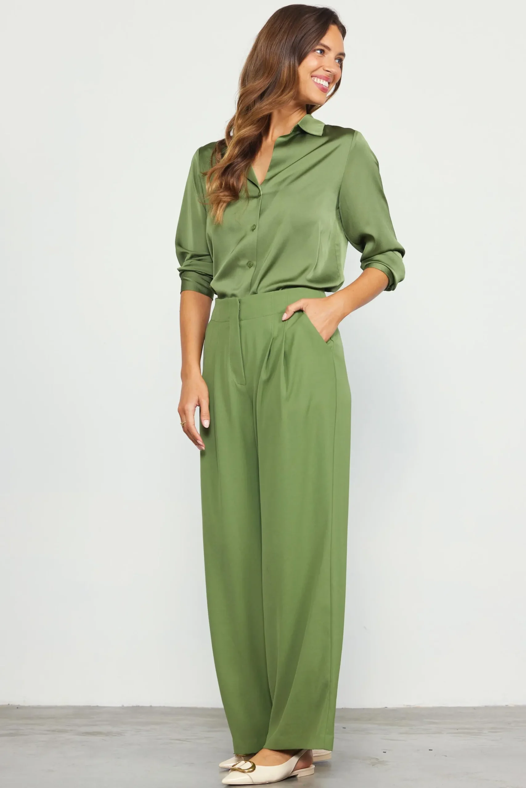 SKIES ARE BLUE Pants*Recycled Wide Leg Pants Olive