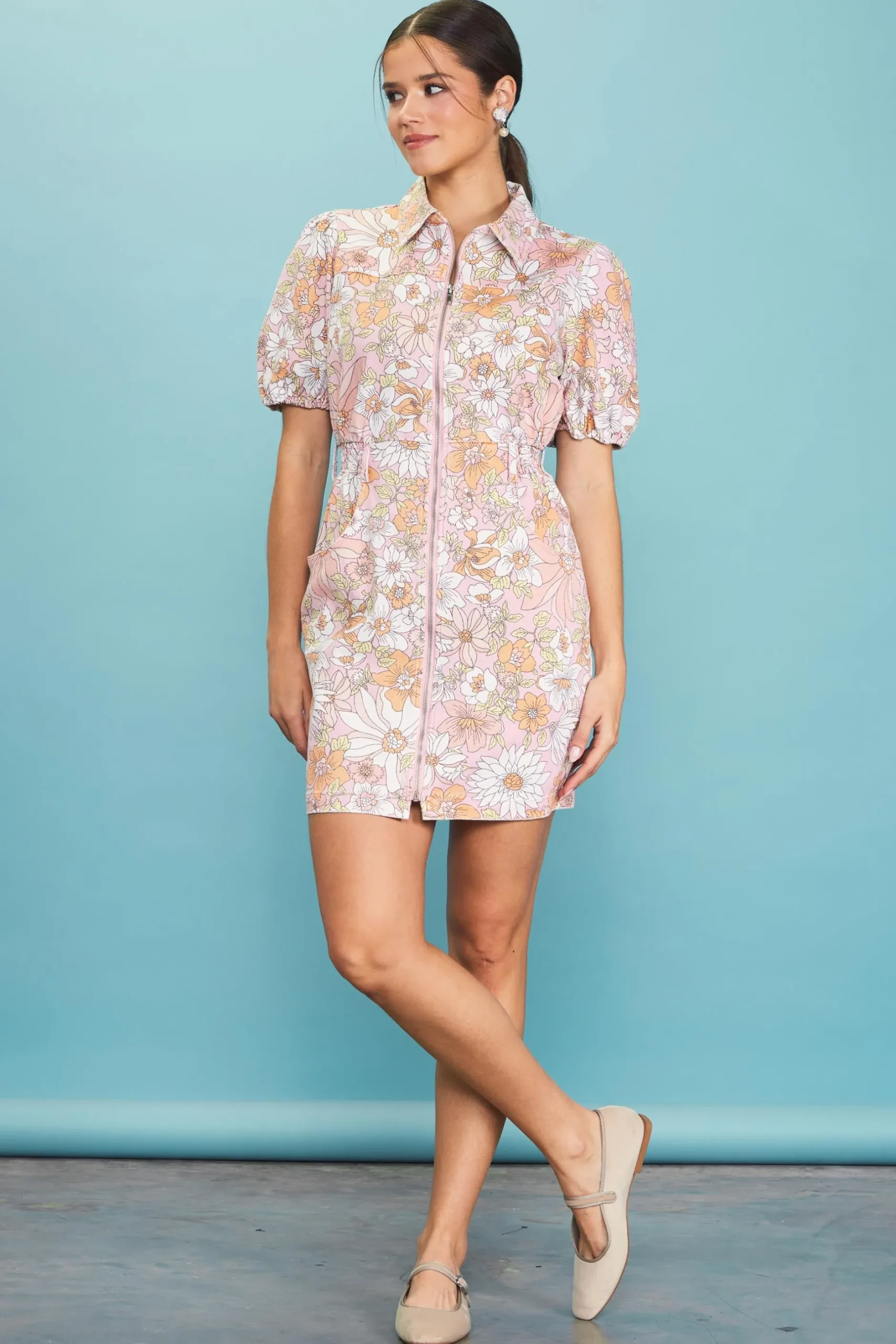SKIES ARE BLUE Mini Dresses*Retro Collared Mini Dress Apricot
