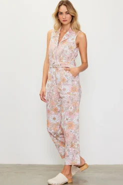 SKIES ARE BLUE Jumpsuits*Retro Floral Belted Zip Jumpsuit Apricot
