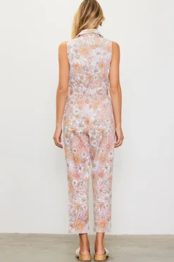 SKIES ARE BLUE Jumpsuits*Retro Floral Belted Zip Jumpsuit Apricot