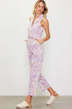 SKIES ARE BLUE Jumpsuits*Retro Floral Belted Zip Jumpsuit Lavender
