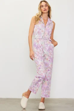 SKIES ARE BLUE Jumpsuits*Retro Floral Belted Zip Jumpsuit Lavender