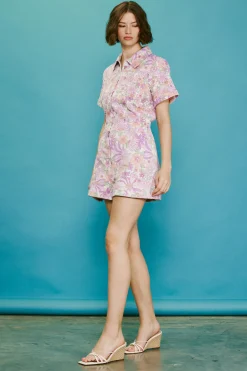 SKIES ARE BLUE Jumpsuits*Retro Floral Collared Romper Lavender