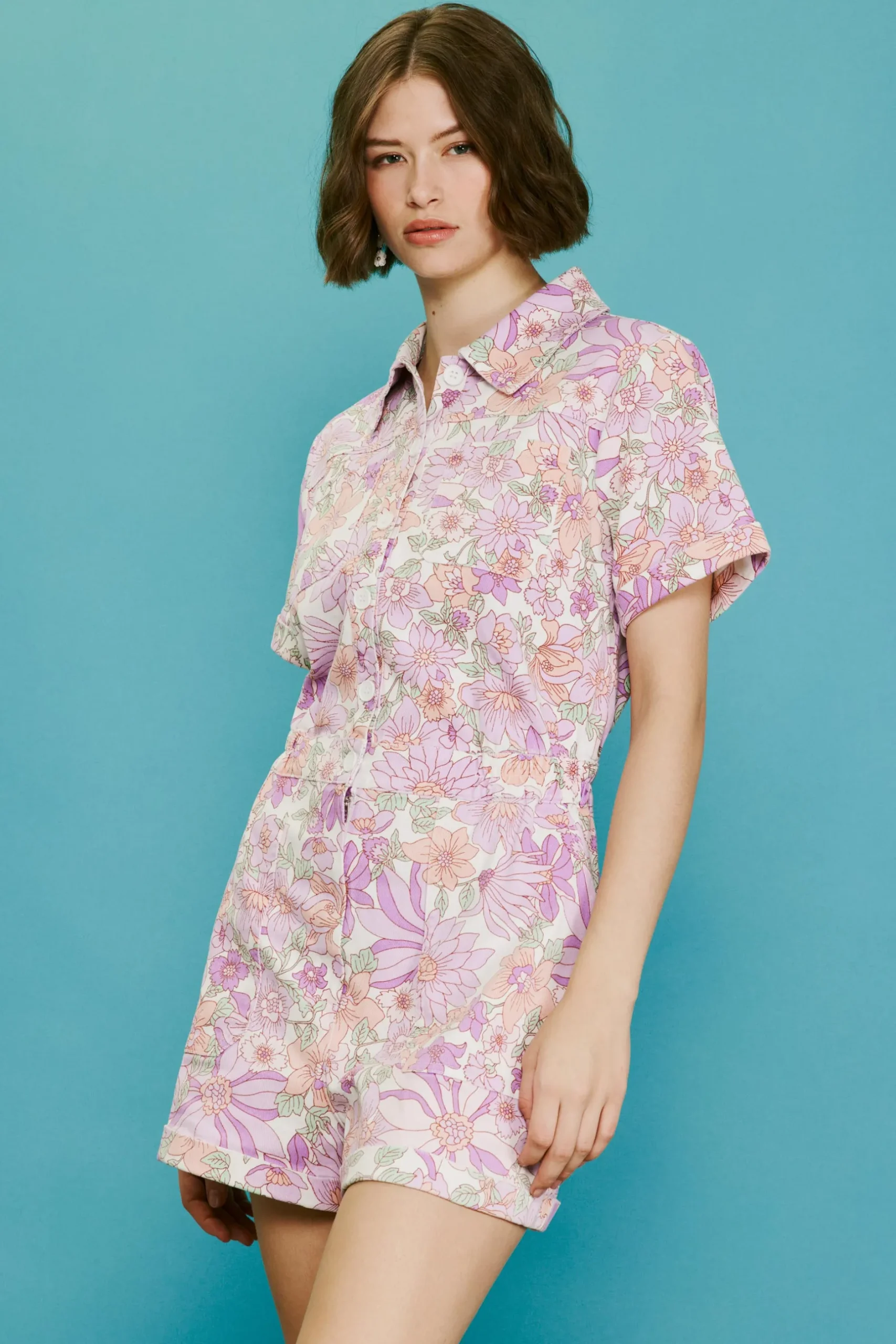 SKIES ARE BLUE Jumpsuits*Retro Floral Collared Romper Lavender