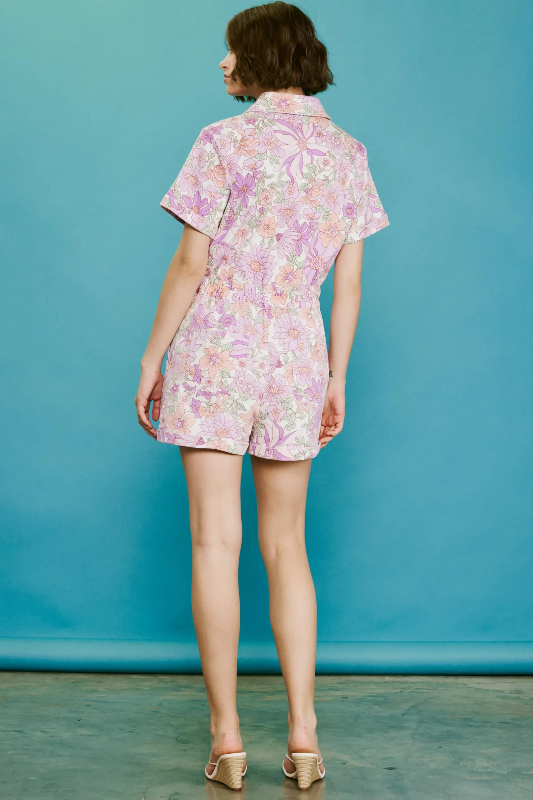 SKIES ARE BLUE Jumpsuits*Retro Floral Collared Romper Lavender