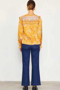 SKIES ARE BLUE Blouses|Long Sleeve Tops*Retro Floral Motif Blouse Mustard