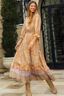 SKIES ARE BLUE Maxi Dresses*Retro Floral Motif Maxi Dress Mustard